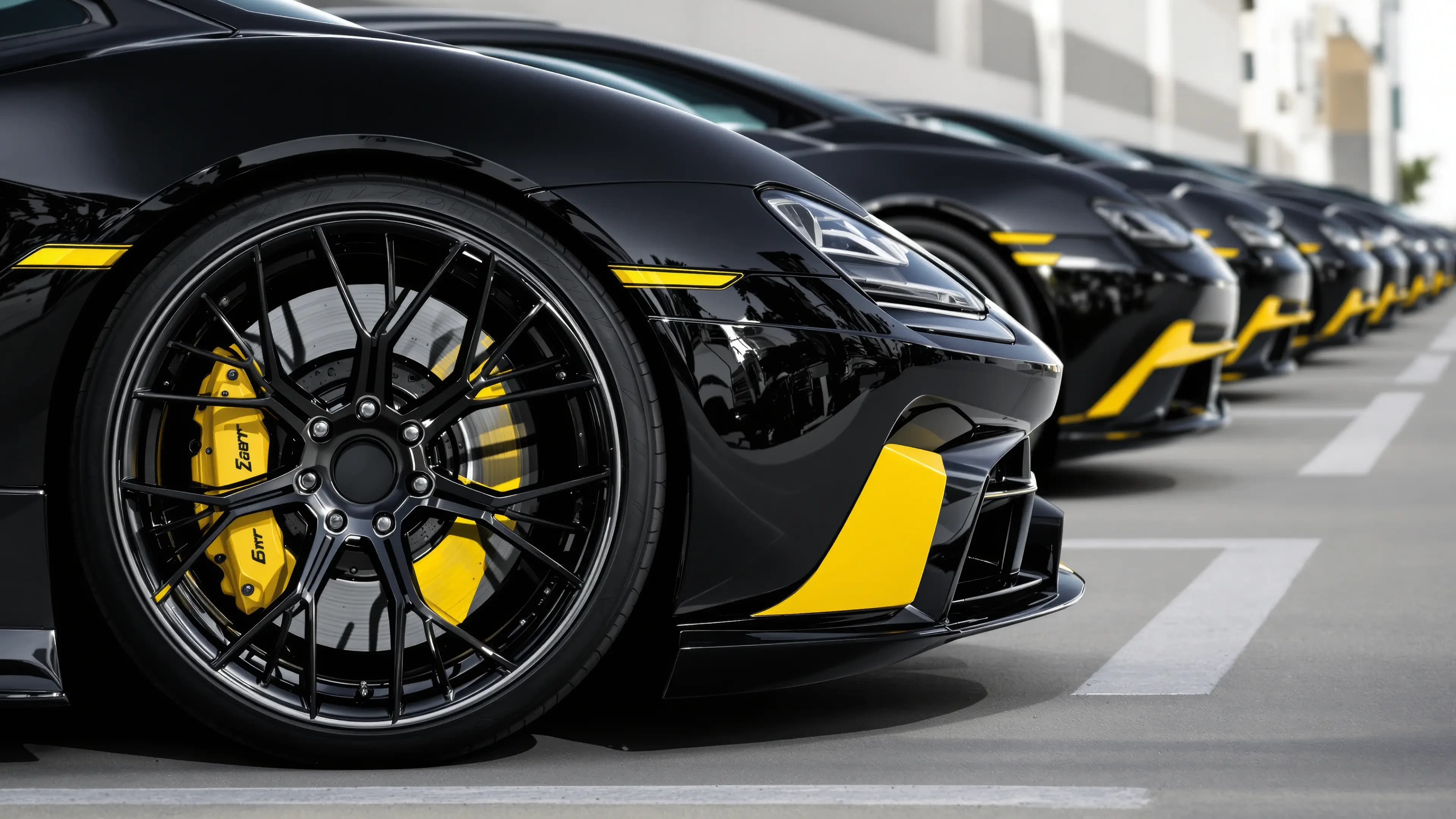 Performance wheel and tire fitted to a black sports car