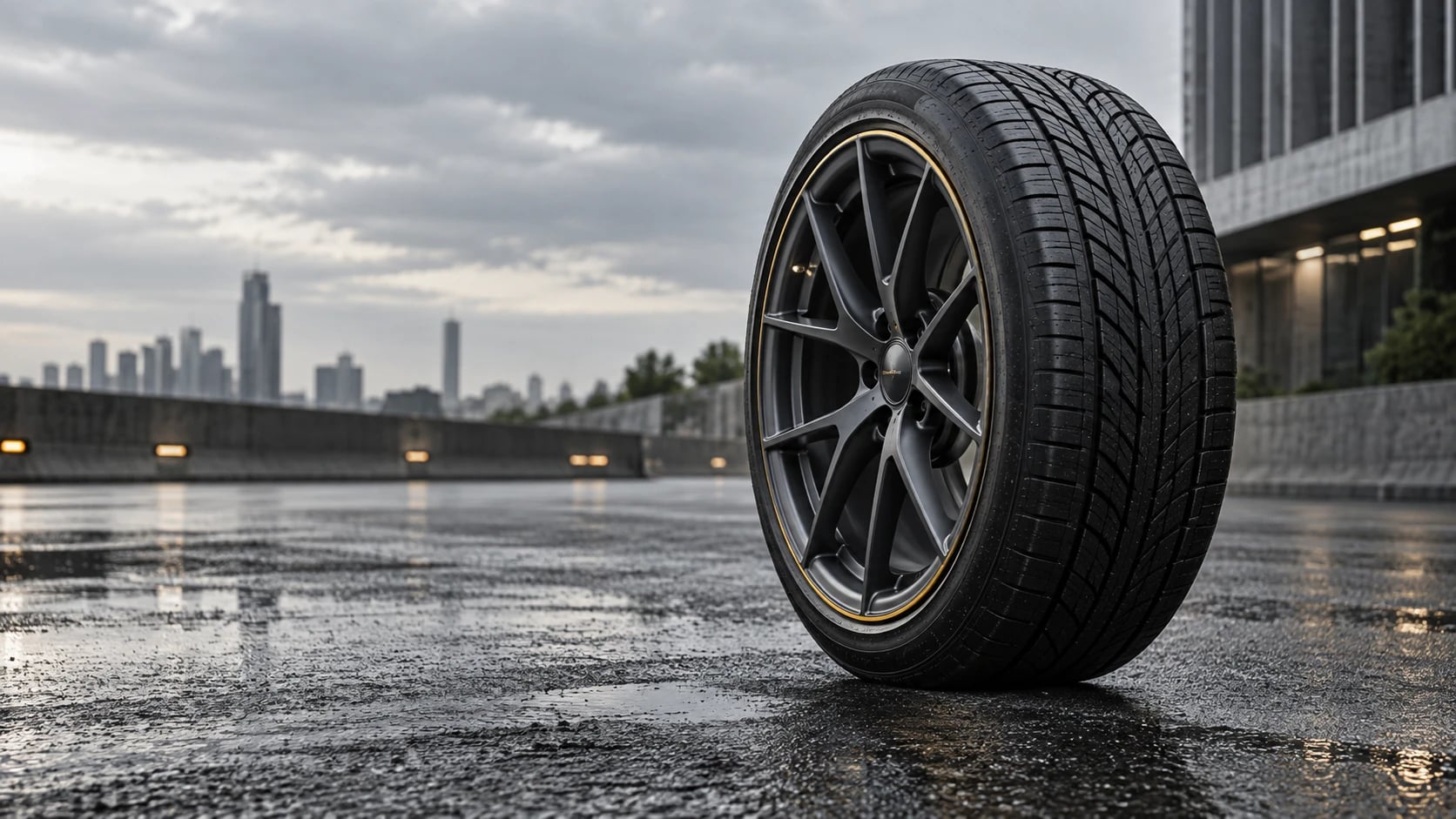 All-season tire and graphite alloy wheel on a damp urban road