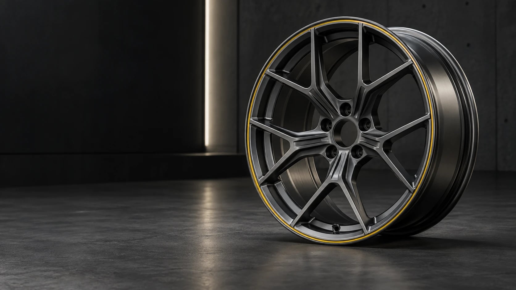 Deep graphite multi-spoke alloy wheel showing its lip, spokes, and inner barrel
